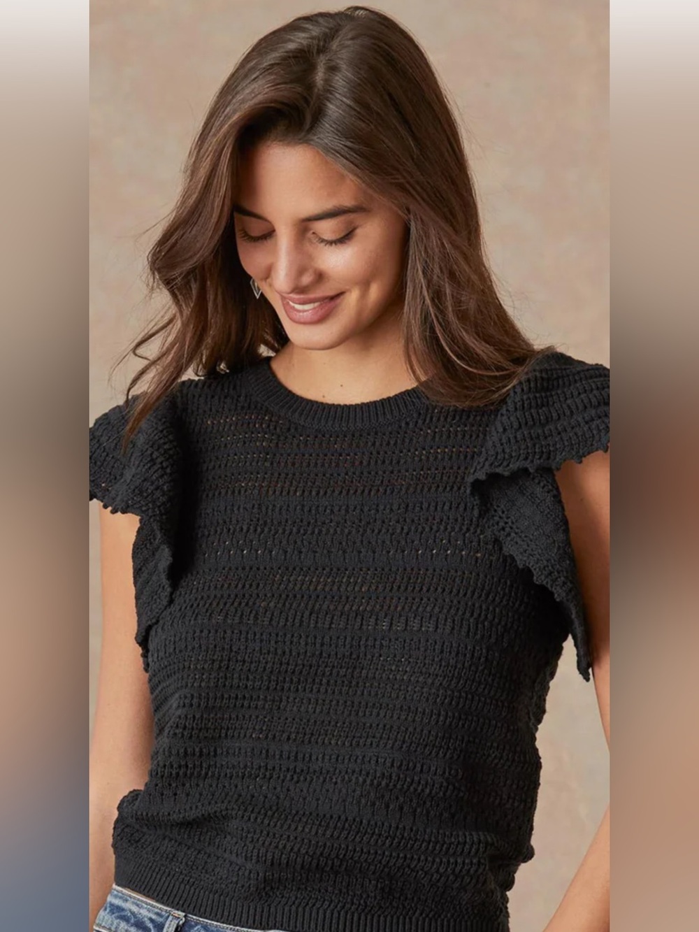 Dylan Black Crochet Openwork Flutter-Sleeve tank Top L